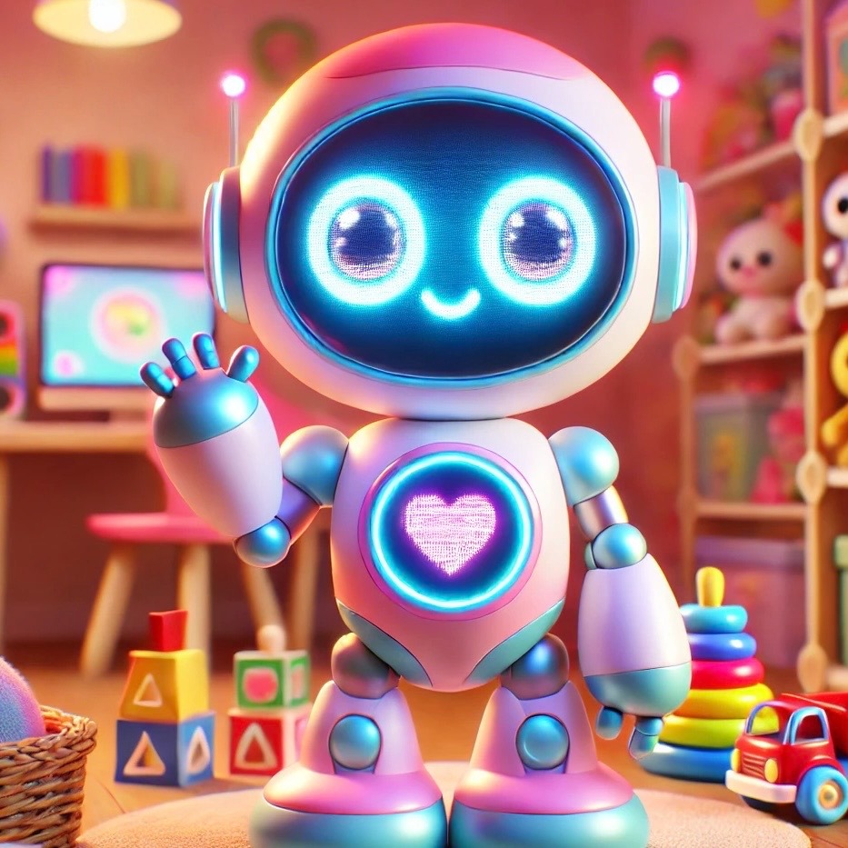 A robot standing in a room full of toys